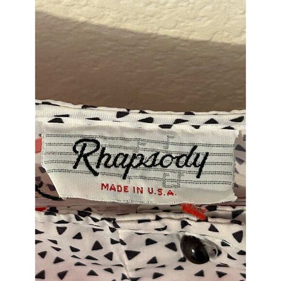 Vintage Rhapsody 1980s Print Womens White Red & Black Abstract Print Blouse FLAW - Picture 2 of 8